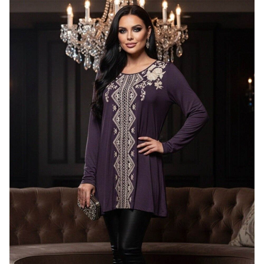 Women’s Floral Embroidered Tunic Top Purple Formal Blouse Size L Andre'e By UNI